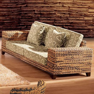 东南亚藤艺家具 藤木藤编灰绿色客厅三人藤艺沙发